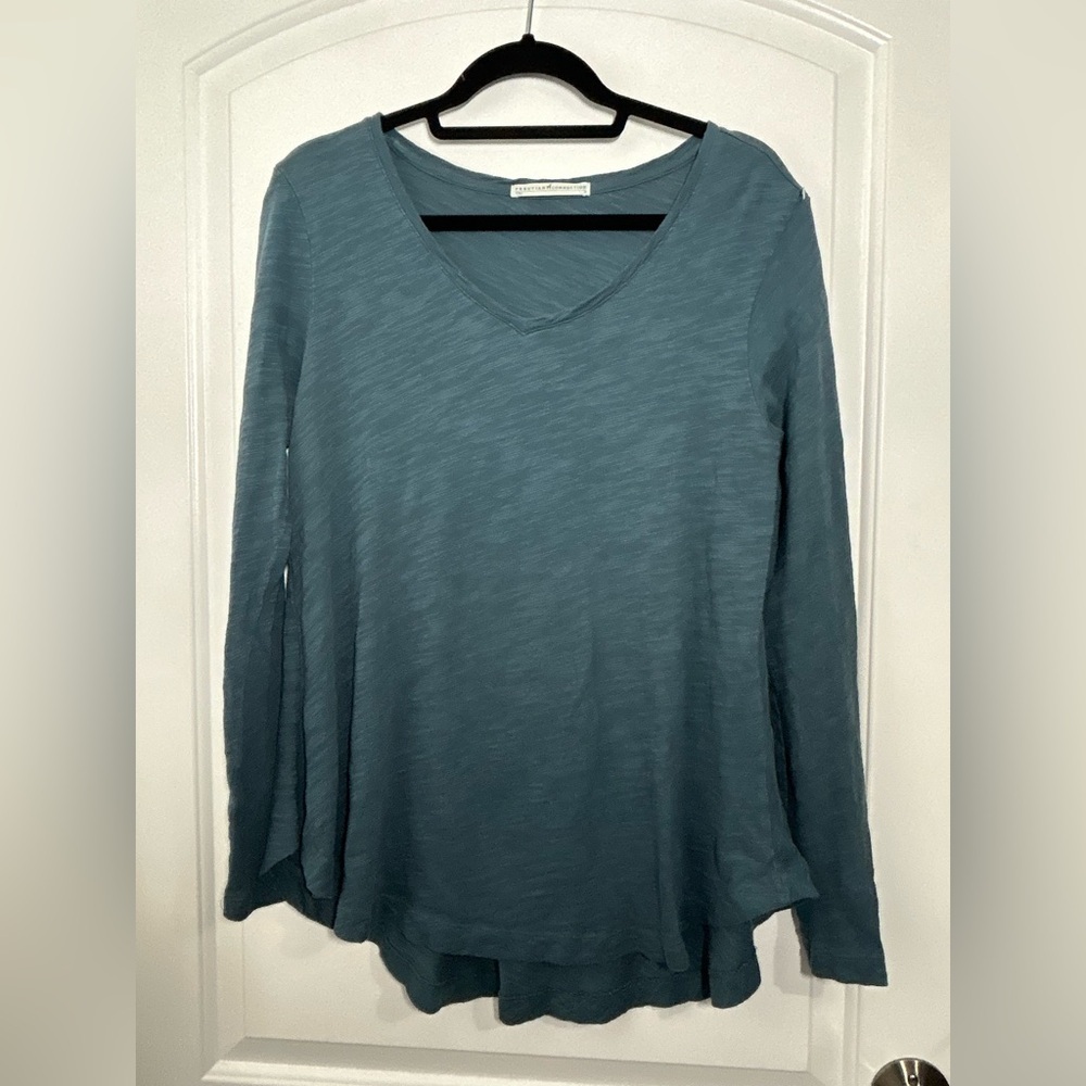 Peruvian Connection Slate Blue Knit V Neck Tunic Long Sleeve Sweater Top size M